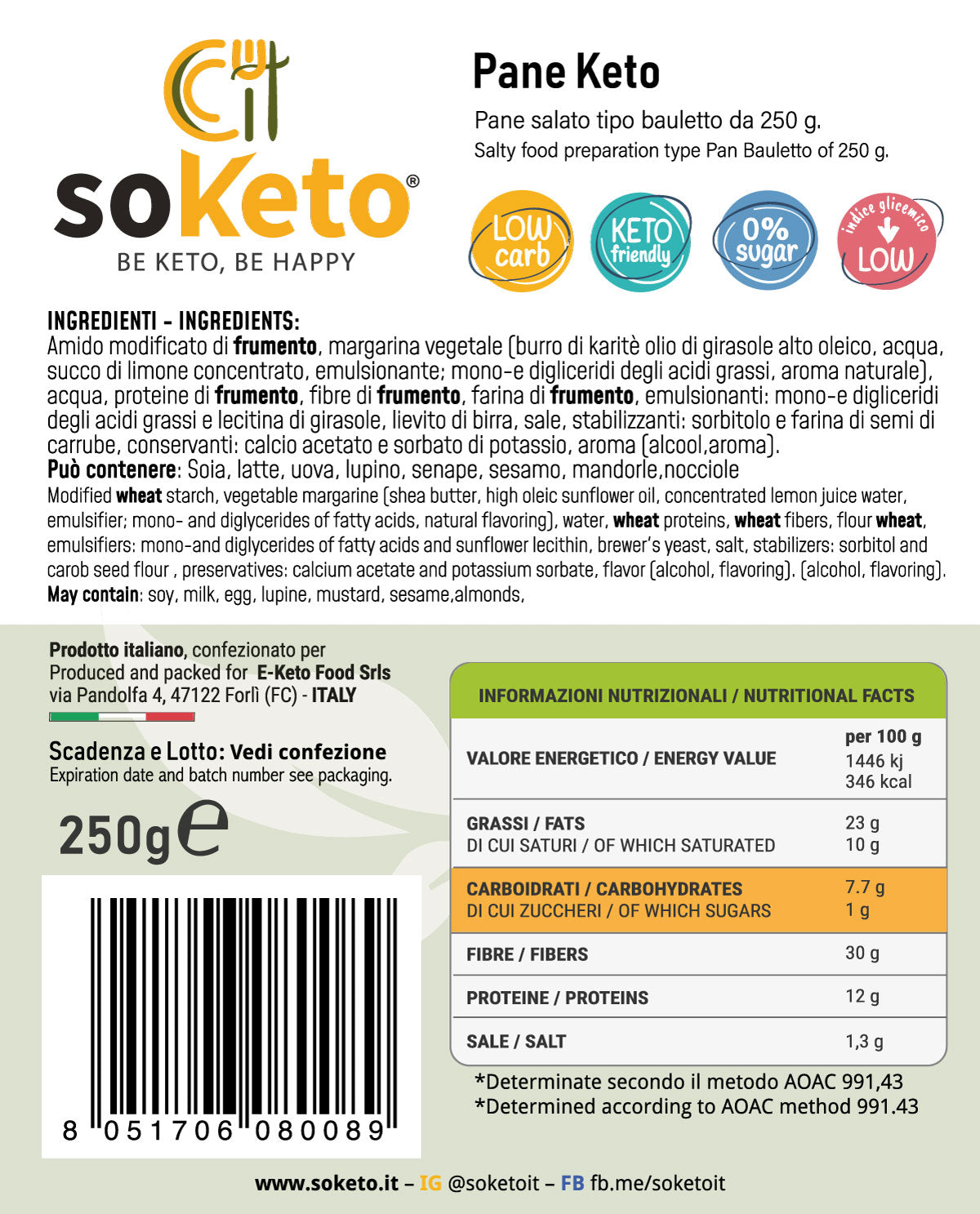 Pan Bauletto Keto Low Carb 12g Proteine 4.8g Carb per 100g - SOKETO Pane Proteico 28g Fibre Olio Cocco - Basso IG per Diabetici Tipo Sandwich - 250g